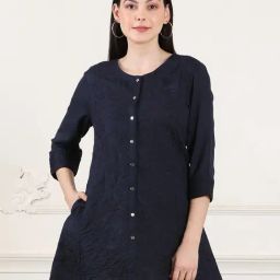 W Dark Blue Rayon Embroidered A-Line Kurti-image-25