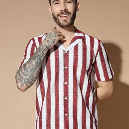 GLITO Men Modern Cuban Collar Multi Striped Cotton Relaxed Fit Casual Shirt-image-53