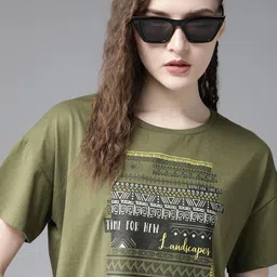 Roadster Women Green Printed Round Neck Pure Cotton T-shirt-picture-22