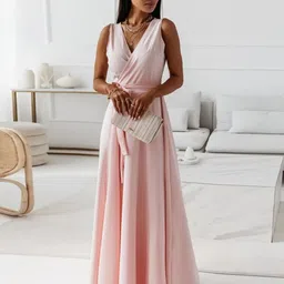 KPOP WomenV-Neck Solid Sleeveless A-Line Maxi DressComes with a belt-image-35