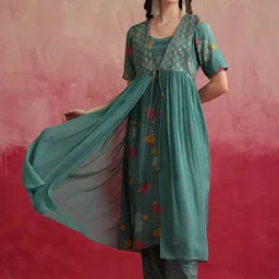 Khushal K Floral Printed Cotton Tunic With Trouser & Jacket Co-Ords-picture-10