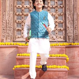 Pine Kids Cotton Full Sleeves Kurta Pyjama Set with Bandi Diamond Print - Blue & White-image-93