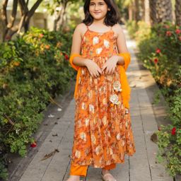 Piccolo Sleeveless Floral Rose Abstract Foil Printed With  Zari Motifs And Gota Hangings Anarkali Kurta & Pant Set  - Orange-image-74