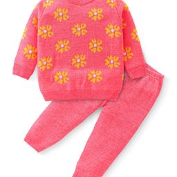 Babyhug Knitted Full Sleeves Baby Sweater Set with Floral Design - Peach-image-96