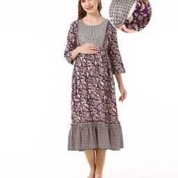 Bella Mama Woven Three Fourth Sleeves Floral Print With Embroidered Yoke Maternity Kurta - Purple-picture-23