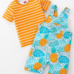 Babyhug 100% Cotton Woven Single Jersey Dungaree & Half Sleeves T-Shirt Set Tropical Print - Orange & Blue-image-64