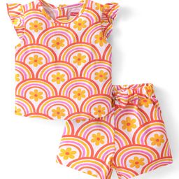 Babyhug Cotton Knit Single Jersey Frill Sleeves Night Suit With Rainbow & Floral Print - Multicolour-image-95