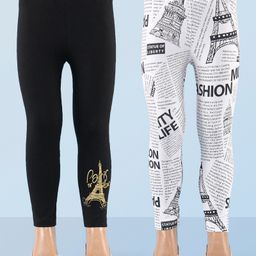 Honeyhap Premium Single Jersey Full Length Leggings with Bio Finish Text & Eiffel Tower Print Pack of 2 - Bright White & Black-4