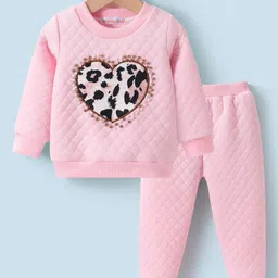 Kookie Kids Full Sleeves Quilted Winter Wear Suit With Pearl Applique - Pink-picture-0