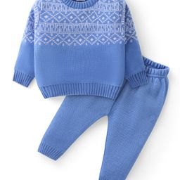 Babyhug Knit Full Sleeves Sweater Set with Aztec Design - Light Blue-image-77