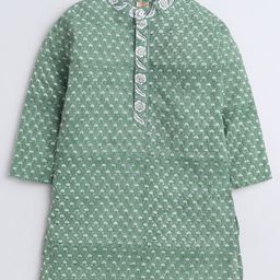 Aww Hunnie 100% Cotton Full Sleeves Ethnic Jaipuri Motif Printed Kurta - Green-image-99