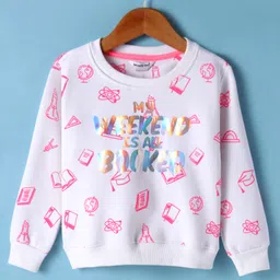 Smarty Girls Cotton Knit Full Sleeves Sweatshirt with Holographic Text Print - Off White-picture-23