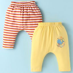 OHMS Single Jersey Knit Full Length Diaper Leggings With Stripes & Whale Print Pack of 2 - Red & Yellow-image-38