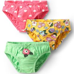 Babyoye Cotton Elastane Knit PantiesWith Floral & Heart Print Pack Of 3 - Green Pink & Yellow-image-76