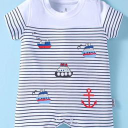 Child World Interlock Knit Half Sleeves Striped Romper with Nautical Theme Print - White-image-94