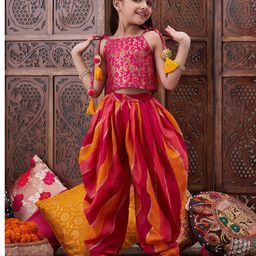 Pspeaches Brocade Sleeveless Floral Printed Top & Dhoti Set - Magenta-image-58