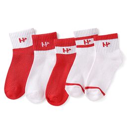 Honeyhap Premium Cotton Knit Bamboo Spandex Ankle Length Bio FinishColor Block Sock Pack of 5 - High Risk Red White-image-34
