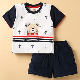 ToffyHouse Knitted Half Sleeves T-Shirt & Shorts Set with Anchor Print & Bear Embroidery - Navy Blue & White-image-56