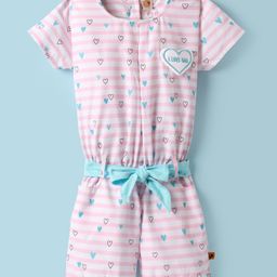 Dew Drops Poplin Woven Half Sleeves Striped Jumpsuit with Hearts Print Patch & Fabric Belt - Pink-image-42