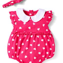 Babyhug 100% Cotton Knit Frill Sleeves Onesie With Heart Print & Headband - Dark Pink-image-102