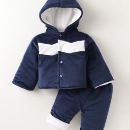 Mom's pet Velvet Full Sleeves Colour Blocked Hooded Jacket & Pant Set - Navy Blue-image-74