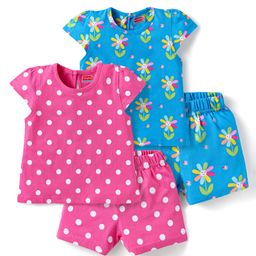 Babyhug Cotton Knit Half Sleeves Co-ords Short Night Suits with Floral & Polka Dots Print Pack of 2 - Blue & Dark Pink-image-37