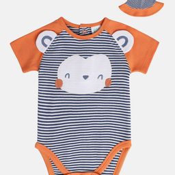 MINI KLUB Cotton Half Raglan Sleeves Striped & Baby Animal Embroidered Onesie With Cap - Blue-image-4
