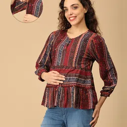 The Mom Store Cotton Three Fourth Sleeves Striped & Cheetah Printed Maternity & Nursing Top - Multi Colour-picture-35