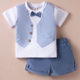 ToffyHouse Interlock Woven Half Sleeves T-Shirt with Attached Bow & Shorts Set with Waistcoat Print - White & Blue-image-45