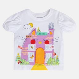 MINI KLUB Cotton Knit Half Puffed Sleeves Cat House Printed Top - White & Pink-image-23