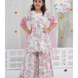Little Bansi Cotton Woven Half Sleeves Floral Printed & Applique Detailed Gota Lace Embellished Kurti Sharara With Dupatta Set - Light Pink-picture-9
