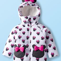 Babyhug Disney Woven Full Sleeves Hooded Winter Jacket With Minnie Mouse Print & Ear Bow Applique - White-image-39