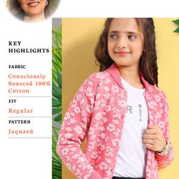 arias by lara dutta Arias Consciously Sourced Cotton Floral Jacquard Front Button Open Sweater with Buttons -Pink & White image 2