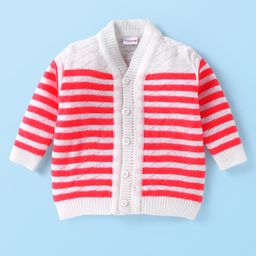 Babyhug Knitted Full Sleeves Striped Front Open Sweater Set with Pair of Booties & Cap - Red & White image 2