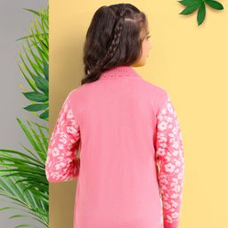 arias by lara dutta Arias Consciously Sourced Cotton Floral Jacquard Front Button Open Sweater with Buttons -Pink & White image 4