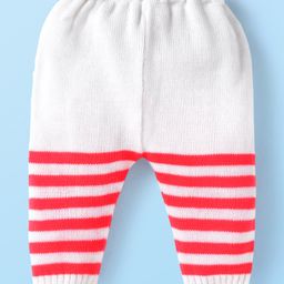 Babyhug Knitted Full Sleeves Striped Front Open Sweater Set with Pair of Booties & Cap - Red & White image 4