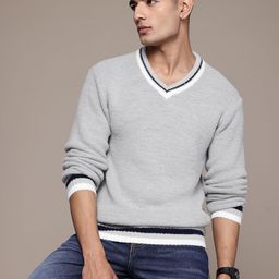 The Roadster Lifestyle Co. Striped V-Neck Fuzzy Acrylic Pullover-image-68