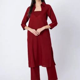 Moomaya Maroon Cotton Regular Fit Suit Set-picture-4