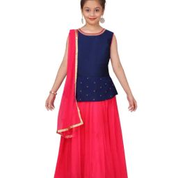 Aarika Kids Navy & Rani Pink Solid Lehenga, Choli with Dupatta-image-72
