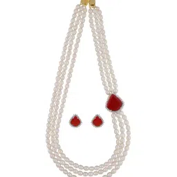 Sri Jagdamba Pearls Dheera Red & White Pearl CZ Necklace Set-37