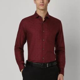 Peter England Maroon Cotton Slim Fit Checks Shirt-image-7