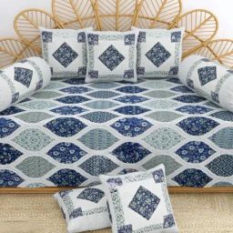 Living Roots Printed Blue 300 TC Cotton Single Diwan - Set of 8-37