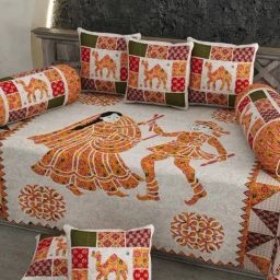 Living Roots Block Print Grey 300 TC Cotton Single Diwan - Set of 8-20