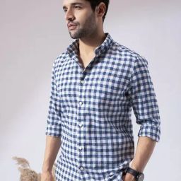 Perch Blue Linen Blend Slim Checks Casual Shirts-image-39