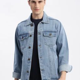 SHOWOFF Blue Denim Slim Fit Solid Jacket-image-37
