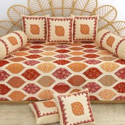 Living Roots Printed Red 300 TC Cotton Single Diwan - Set of 8-17