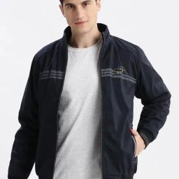 SHOWOFF Navy Blue Nylon Slim Fit Checks Jacket-picture-12