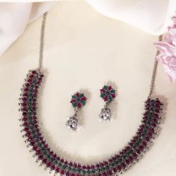 VOJ Silver Adjustable Multi Colour Stone Choker Necklace & Earring Sets-19