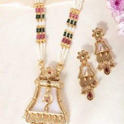 VOJ Gold Adjustable Moon Stone Studded long Necklace & Earring Sets-image-61