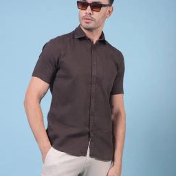 Crimsoune Club Brown Linen Blend Slim Fit Stripes Casual Shirt-image-59